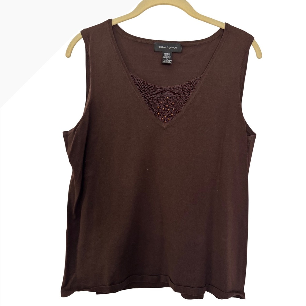 Cable & Gauge Brown Silk Blend Crochet Beaded V-Neck Sleeveless Knit Top XL